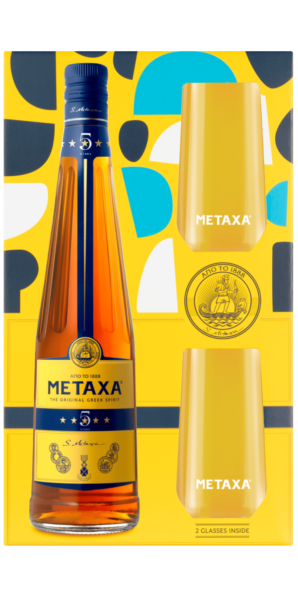 Фото Набір алкогольний напій Metaxa 5* + два стакани 0.7л №1