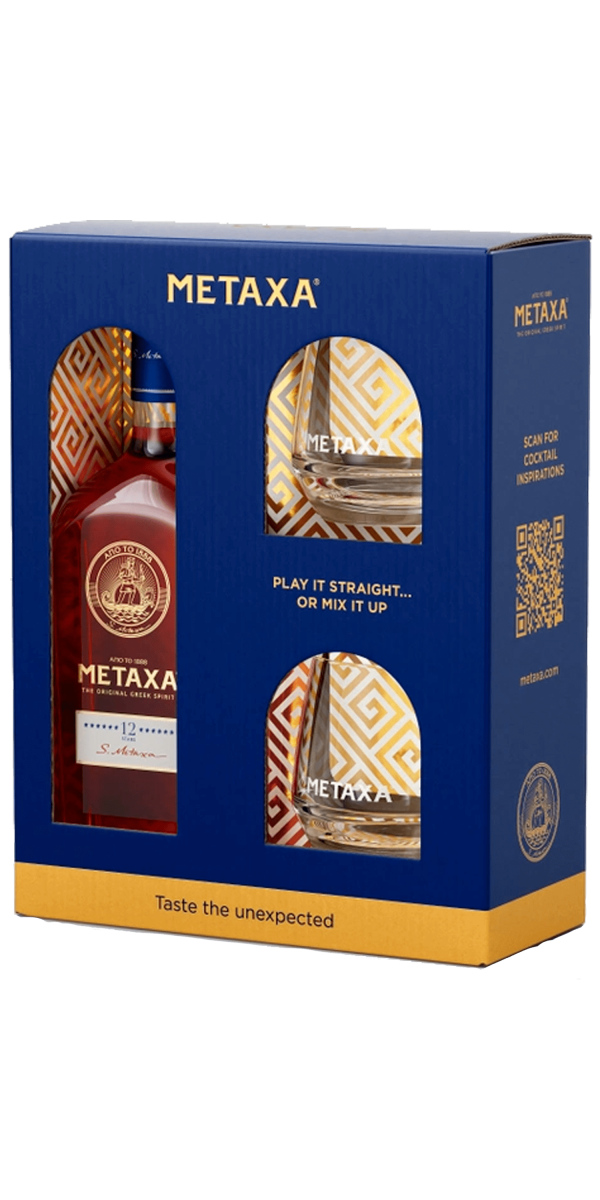 Фото Набір алкогольний напій Metaxa 12* 0.7л у коробці + 2 склянки №1