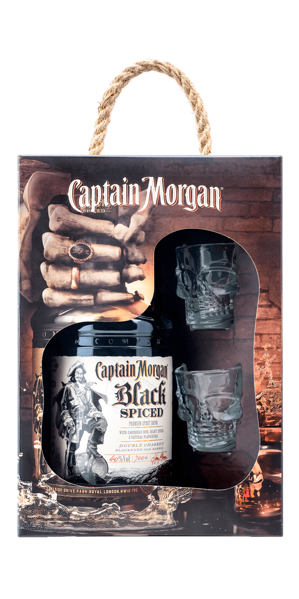 Фото Ромовый напиток Captain Morgan Black Spiced 0.7л + 2 рюмки №1