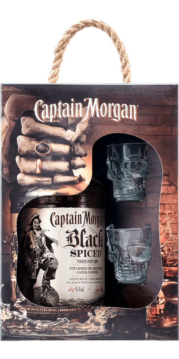 Фото Ромовий напій Captain Morgan Spiced Black 1л + 2 чарки №1